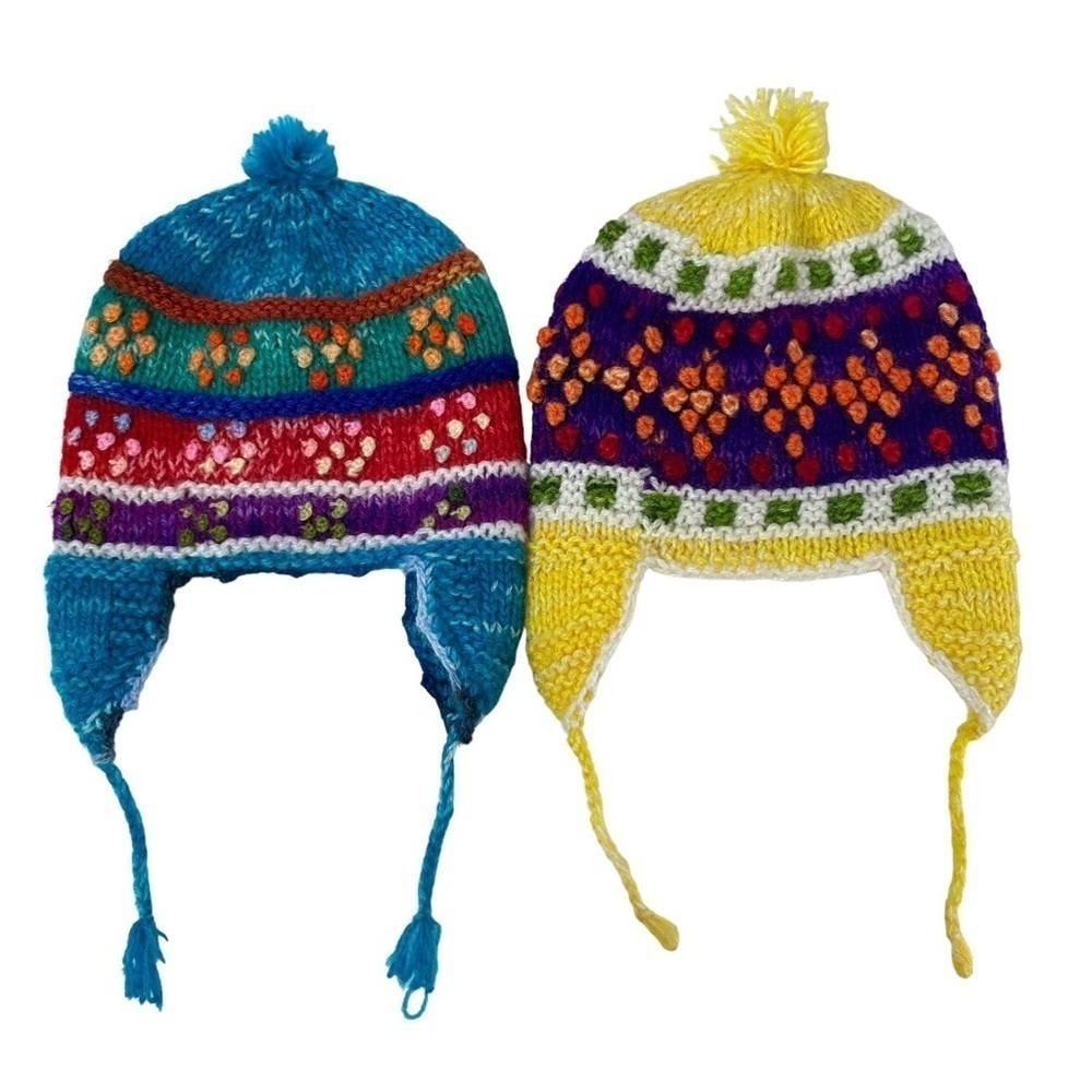 Bundle Of 2 Handmade Knitted Little Kids Pom Pom Beanie Hats